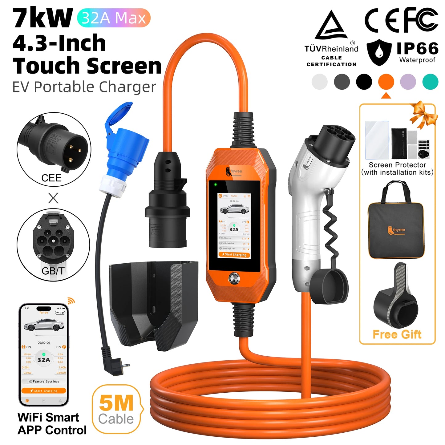 feyree GB/T EV Charger 7kW 32A 1P Touch Screen 4.3inch Smart WIFI APP Control EVSE Portable Charging Box forElectric Car Charger