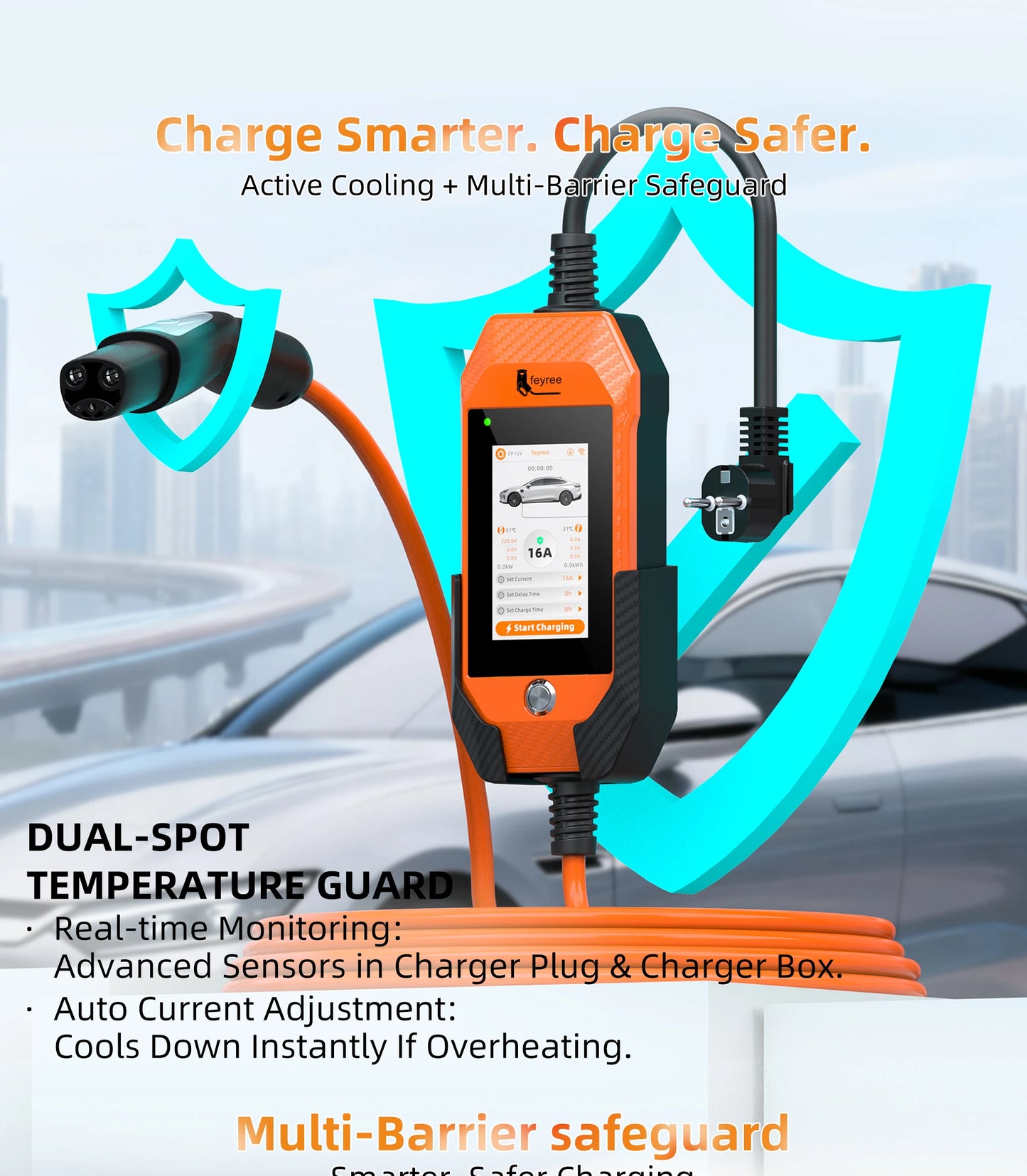 feyree Portable EV Charger For Tesla 3.5kW 16A 1Phase 4.3in Touchscreen With WiFi APP Control with Box Holder For EV Car Charger