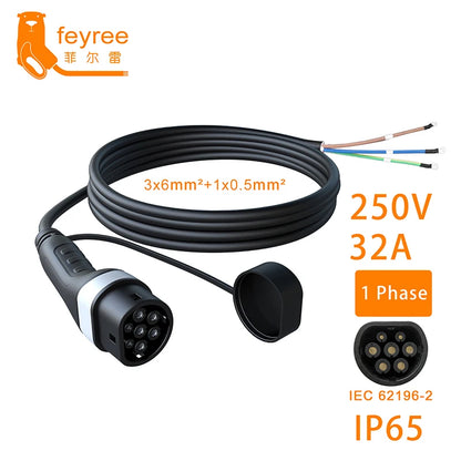 feyree EV Charger Plug Type2 Socket 5m Cable 16A 3.5kW 32A 7kW 1Phase for Car Side 16A 11kW 32A 22kW 3Phase for Electric Vehicle