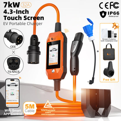 feyree TS-NACS Socket 7kW 32A 1P Portable EV Charger 4.3 Inch Touch Screen High Power Smart APP WiFi Control for EV Tesla Cars