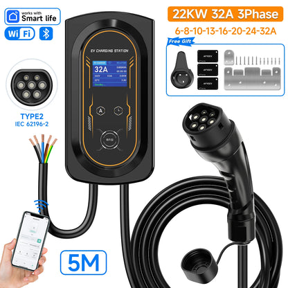 AFYEEV EV Charger 32A 7.6KW Electric Vehicle Car Charger EVSE Wallbox 11KW 22KW 3Phase Type2 Cable IEC62196-2 Socket APP Control