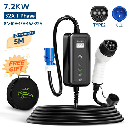 Portable Electric Vehicle Charger Type 1 Sae J1772 16A 32A Charging Cable Type 2 IEC62196-2 11KW EU Plug Controller Wall Box