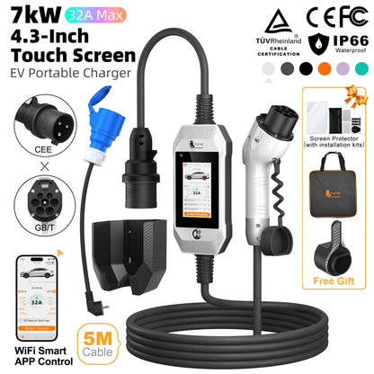 feyree GB/T EV Charger 7kW 32A 1P Touch Screen 4.3inch Smart WIFI APP Control EVSE Portable Charging Box forElectric Car Charger