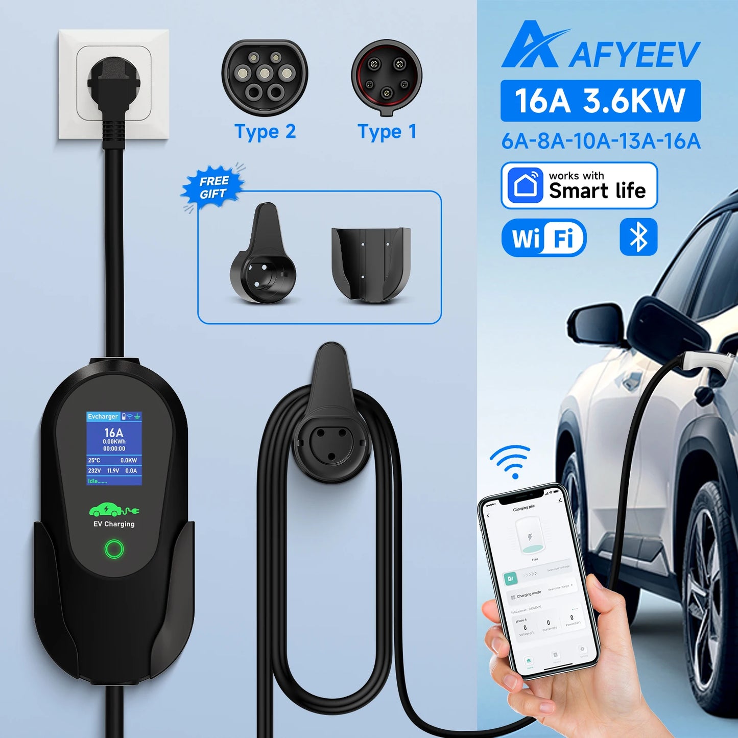 AFYEEV 3600W Portable Type 2 IEC62196-2 EV Charger Type1 SAE J1772 Electric Car Charger EU Plug WiFi Bluetooth APP Control