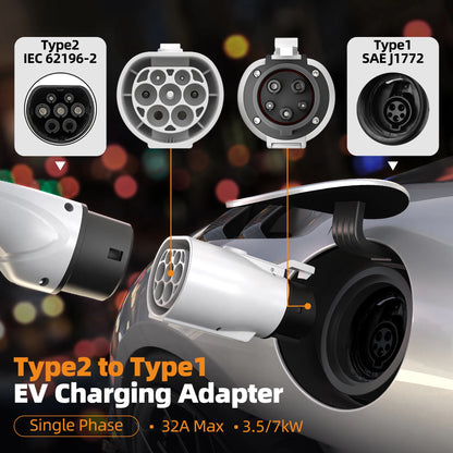 feyree EV Charger Adapter Type2 IEC62196-2 to Type1 Car Charging Socket AC Charger Adapter 32A 1Phase 3.5KW 7KW Max Electric Car