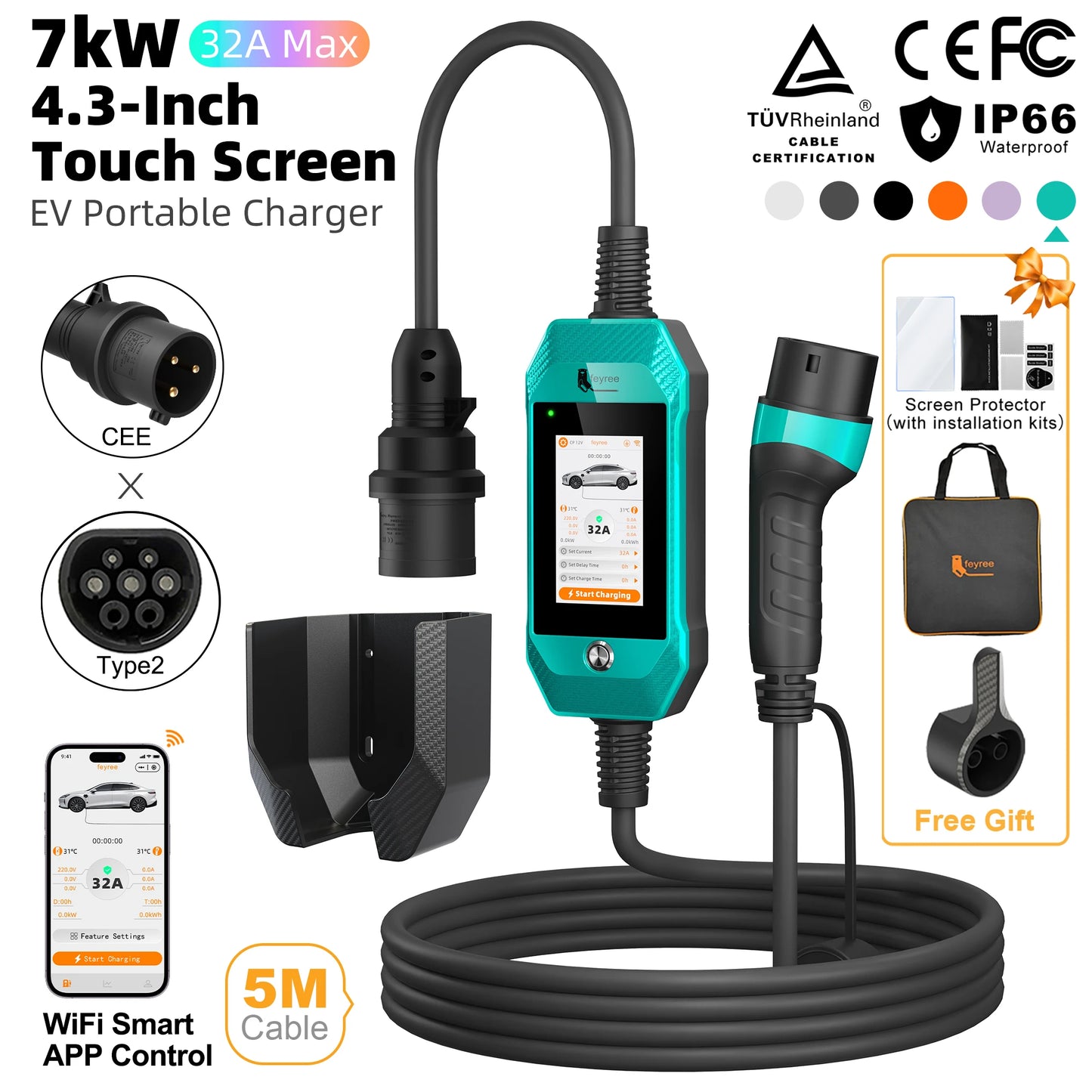 feyree 4.3 Inch Touch Screen Portable 7kW EV Charger Type2 Charging Plug with Smart Wifi APP AC Home Charger Professional Design