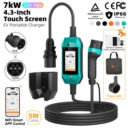 feyree 4.3 Inch Touch Screen Portable 7kW EV Charger Type2 Charging Plug with Smart Wifi APP AC Home Charger Professional Design