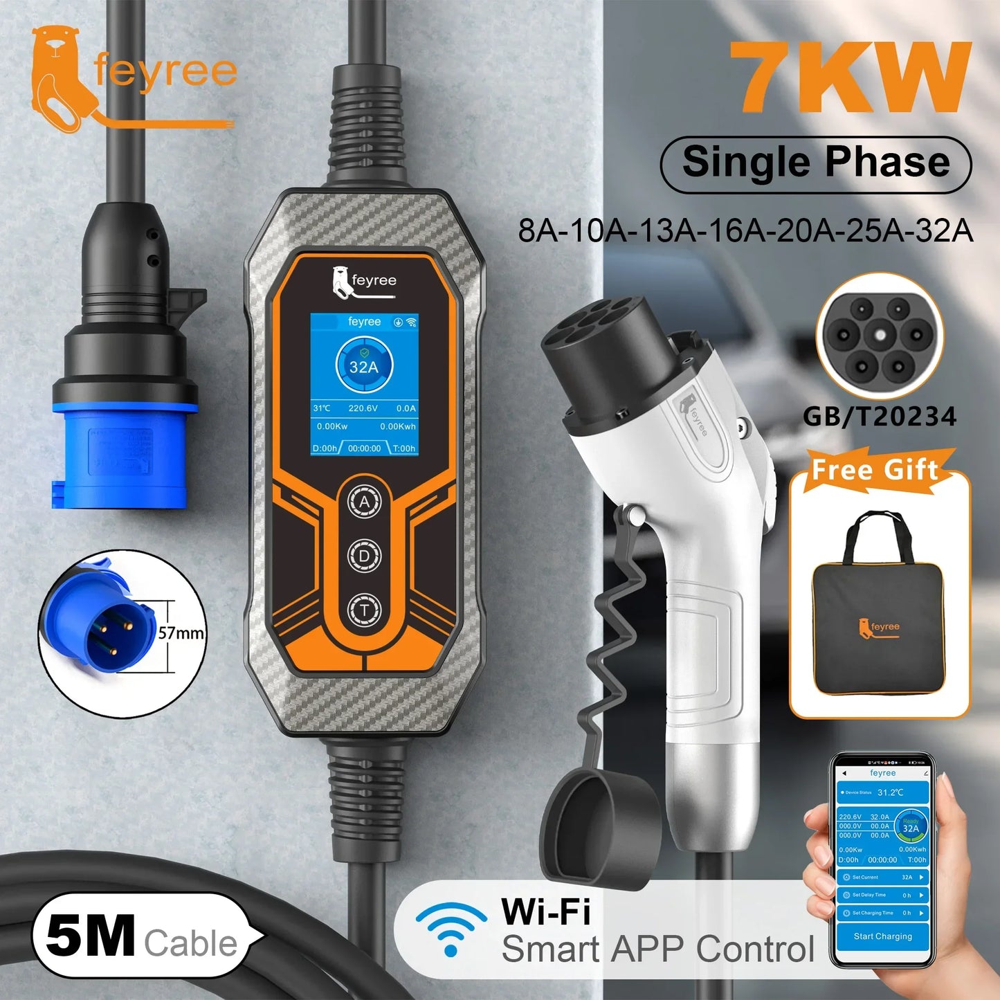 feyree GB/T Cord 32A 7KW 1Phase Smart APP WiFi Control Bluetooth Version