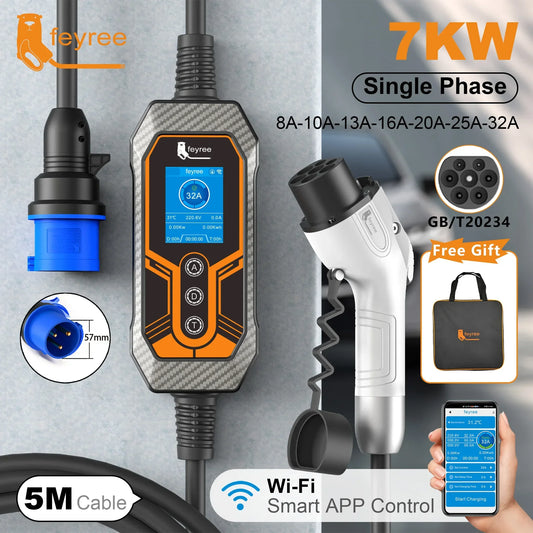 feyree GB/T Cord 32A 7KW 1Phase Smart APP WiFi Control Bluetooth Version