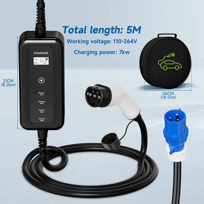 11KW 16A Portable Charger Type 2 Adjustable Current Reservation Time Charging Box CEE Plug IEC62196-2 Electric Vehicle Charger