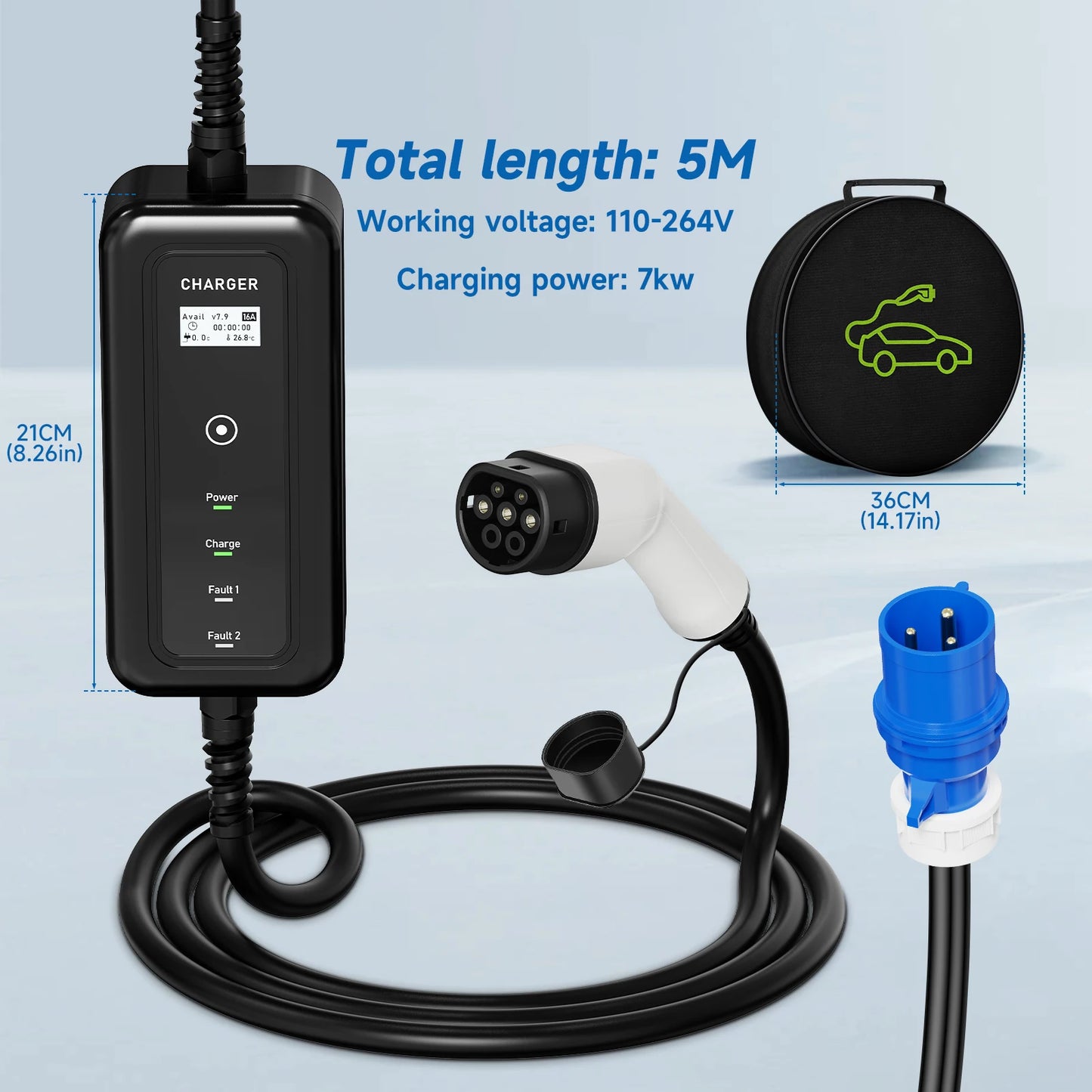 Portable Electric Vehicle Charger Type 1 Sae J1772 16A 32A Charging Cable Type 2 IEC62196-2 11KW EU Plug Controller Wall Box