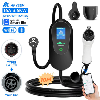 AFYEEV 3600W Portable Type 2 IEC62196-2 EV Charger Type1 SAE J1772 Electric Car Charger EU Plug WiFi Bluetooth APP Control