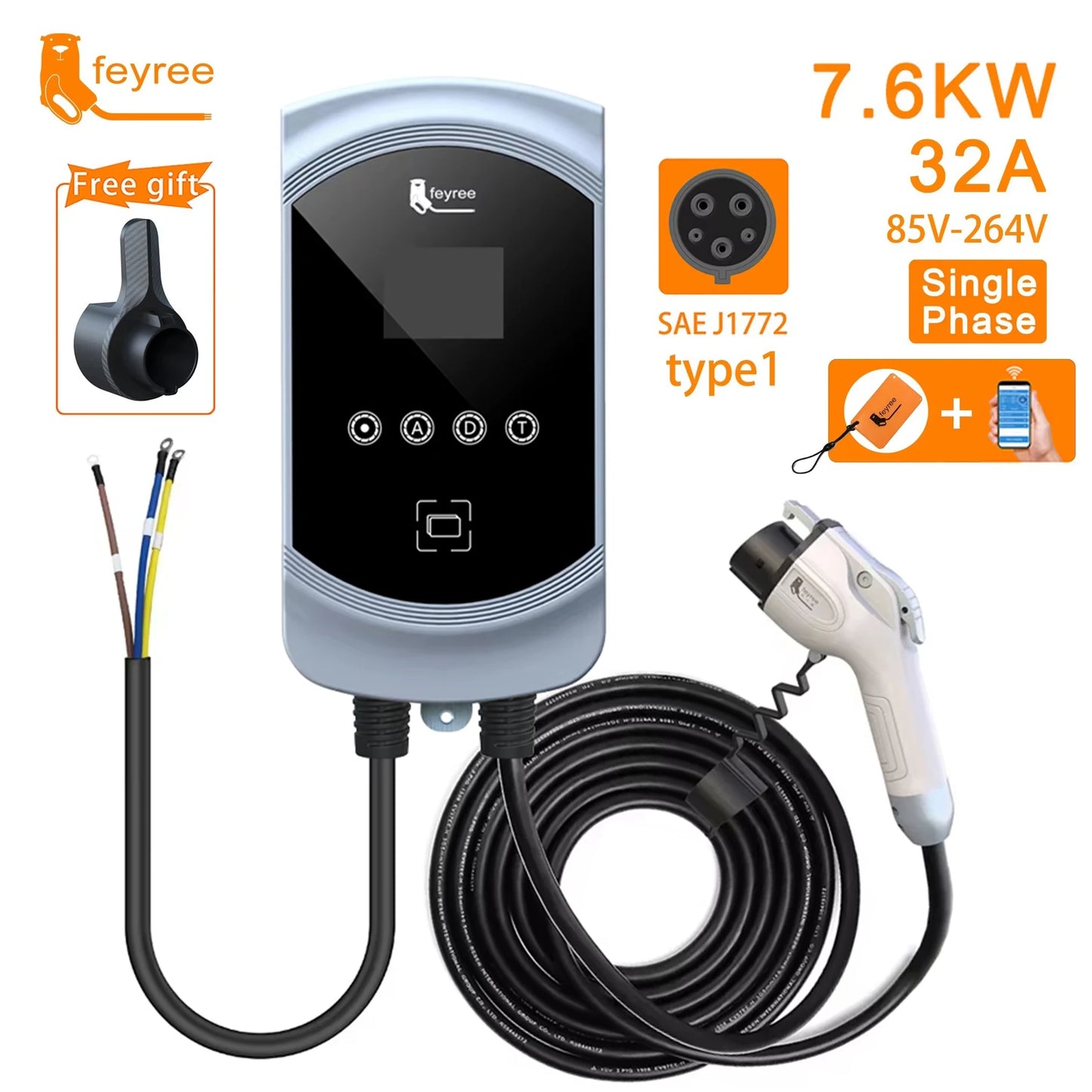 feyree EV Charger Type1 Cable j1772 Socket 32A 40A 50A Single Phase EVSE Wallbox Charging Station APP Control for Electric Car