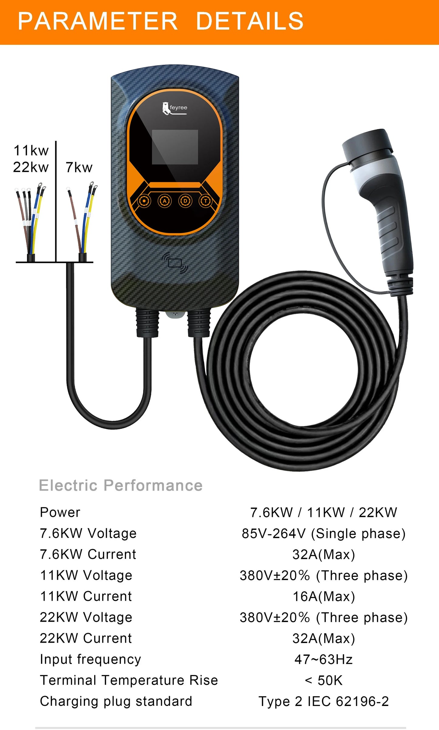 feyree EVSE Wallbox 7.6KW 11KW 22KW EV Charging Station 32A Electric Vehicle Car Charger Wallmount Type2 Cable APP WIFI Control