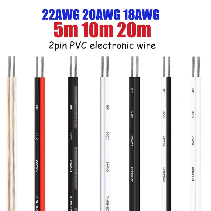 5M/10M/20M 2Pin 12V 24V Tinned Copper Electrical Wire PVC Insulated LED Strip Cable 22 20 18 AWG by 54Grid - Renewable Energy Store