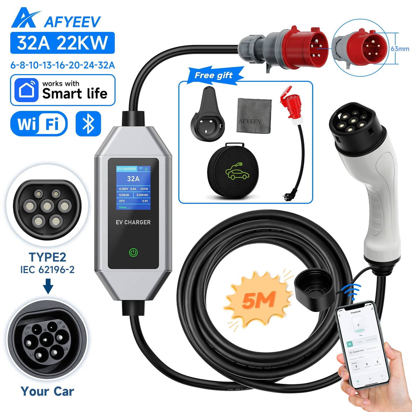 AFYEEV 22KW 32A 3Phase Type2 Portable EV Charger Wi-Fi APP Control GB/T EVSE Charging Box Charging Station For Electric Car