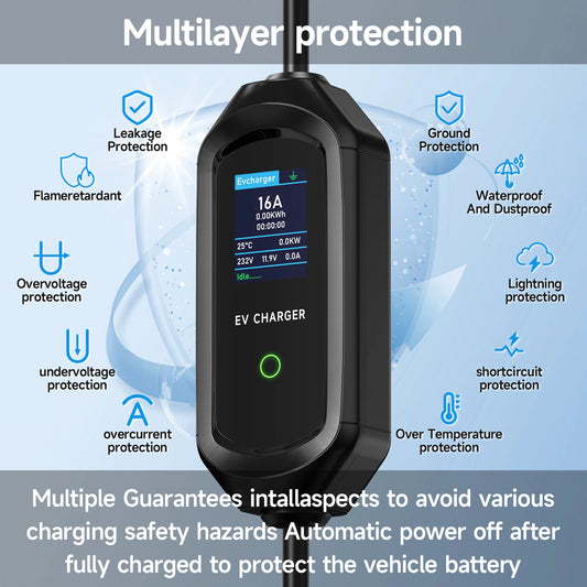 GB/T Portable EV Charger 3.6KW 7.2KW 11KW 22KW WiFi Bluetooth APP Control Adjustable Current IP65 Waterproof with 5m Cable and 2.8" LCD Display