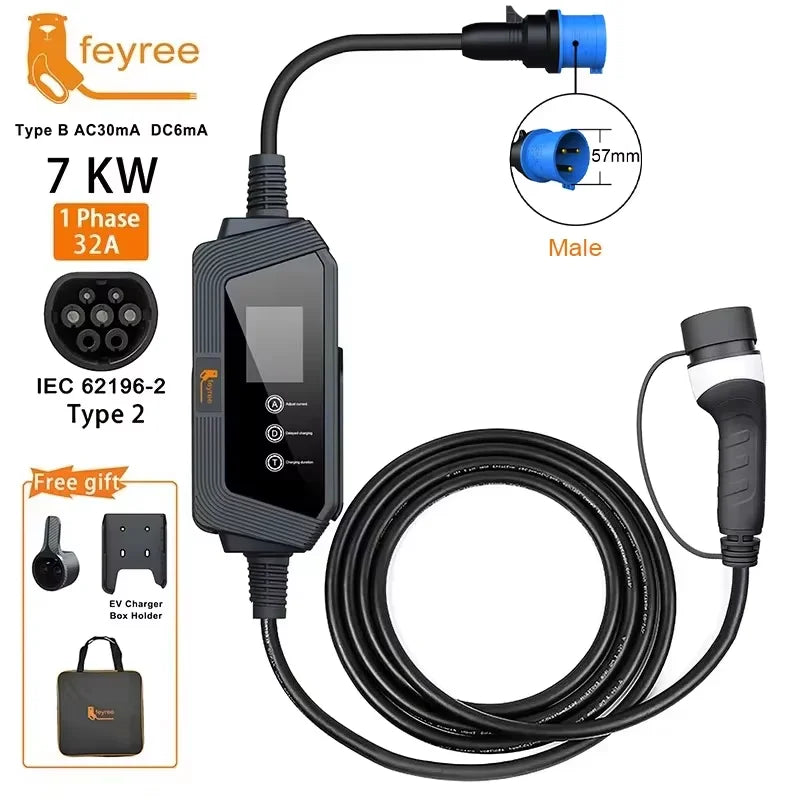 feyree Portable EV Charger Type2 22KW 11KW 3P Fast Charging 7KW 32A 1P for Electric Car Adjusting Current Setting Charging Time