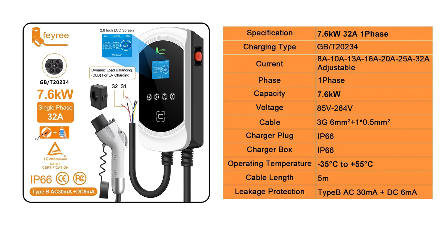 feyree EV Charger GB/T Socket Dynamic Loading Balance Charging Station 7kW 11kW 22kW APP Control for Electric Car EVSE Wallbox