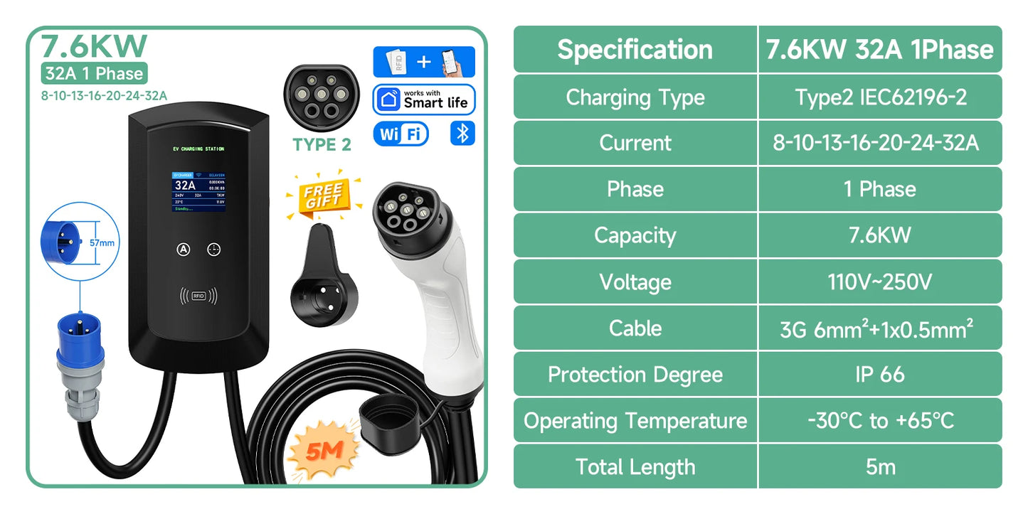 AFYEEV 32A EV Charging Station 22KW 3Phase Electric Vehicle Car Charger 11KW Type2 IEC62196-2 EVSE Wallbox APP Control 5m Cable
