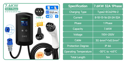 AFYEEV 32A EV Charging Station 22KW 3Phase Electric Vehicle Car Charger 11KW Type2 IEC62196-2 EVSE Wallbox APP Control 5m Cable