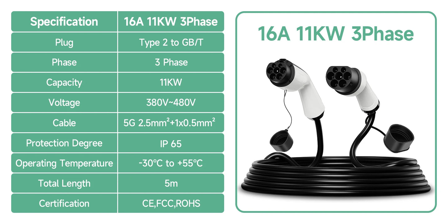 AFYEEV 22KW EV Charging Cable GB/T Female Car side to type2 IEC 62196 Male Plug EVSE Charging Station Type2 to GB/T 16A 3 Phase
