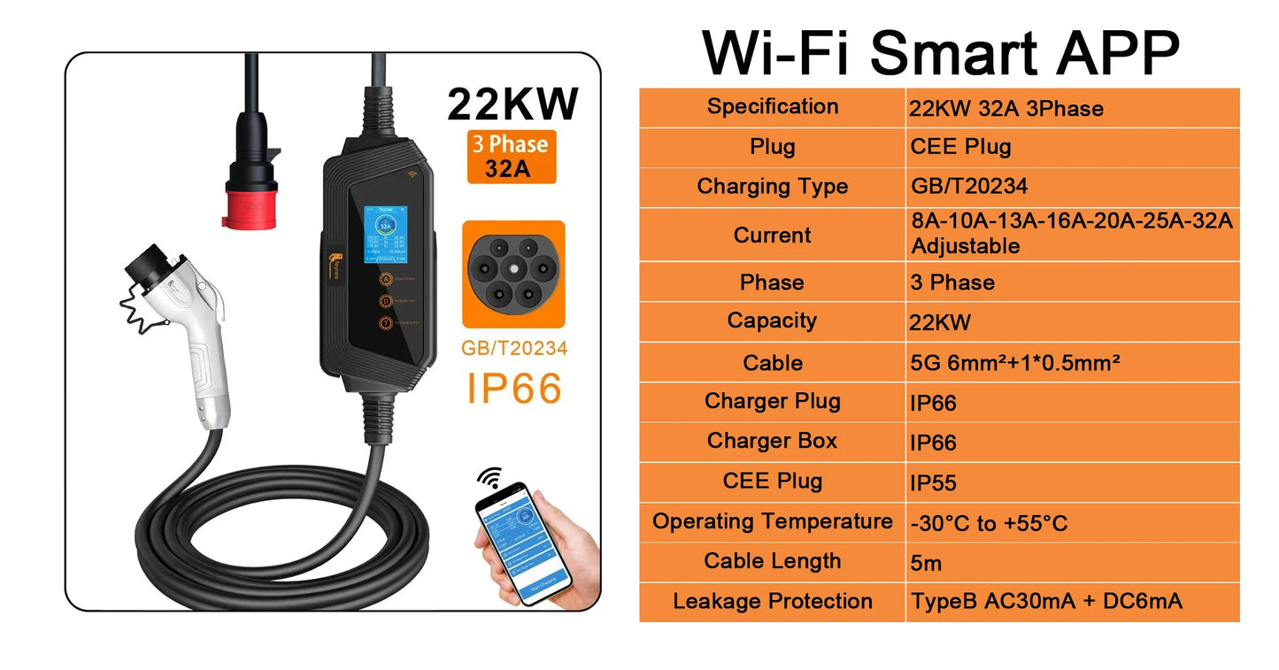 feyree Portable EV Charger GBT Plug 22KW 32A 3Phase EVSE Fast Charging Wi-Fi Smart APP Control for Electric Vehicle Car Charger