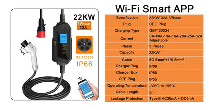 feyree Portable EV Charger GBT Plug 22KW 32A 3Phase EVSE Fast Charging Wi-Fi Smart APP Control for Electric Vehicle Car Charger