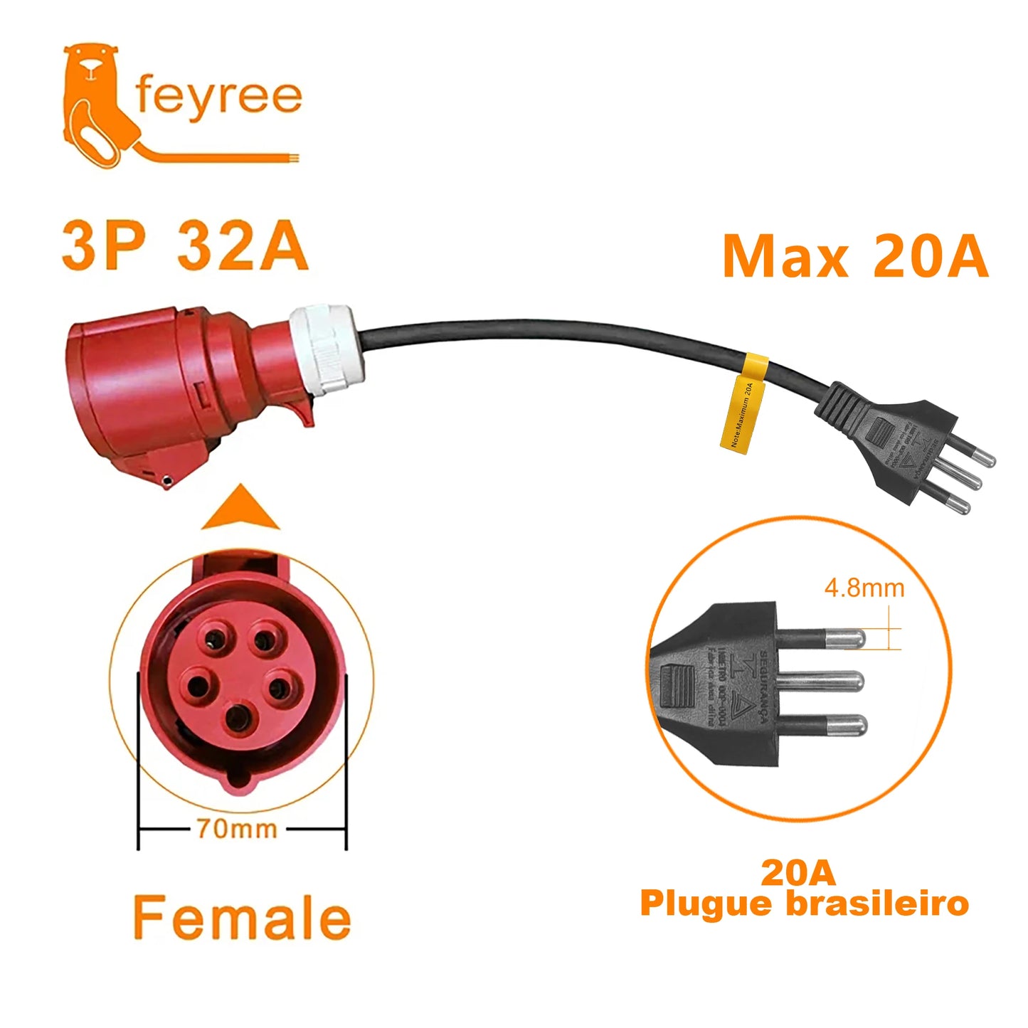 feyree EV Charger CEE Female Socket 3 Pins Adapter to Brazil 20A 10A Plug WallMount Socket 32A 1Phase 7KW Portable Charger