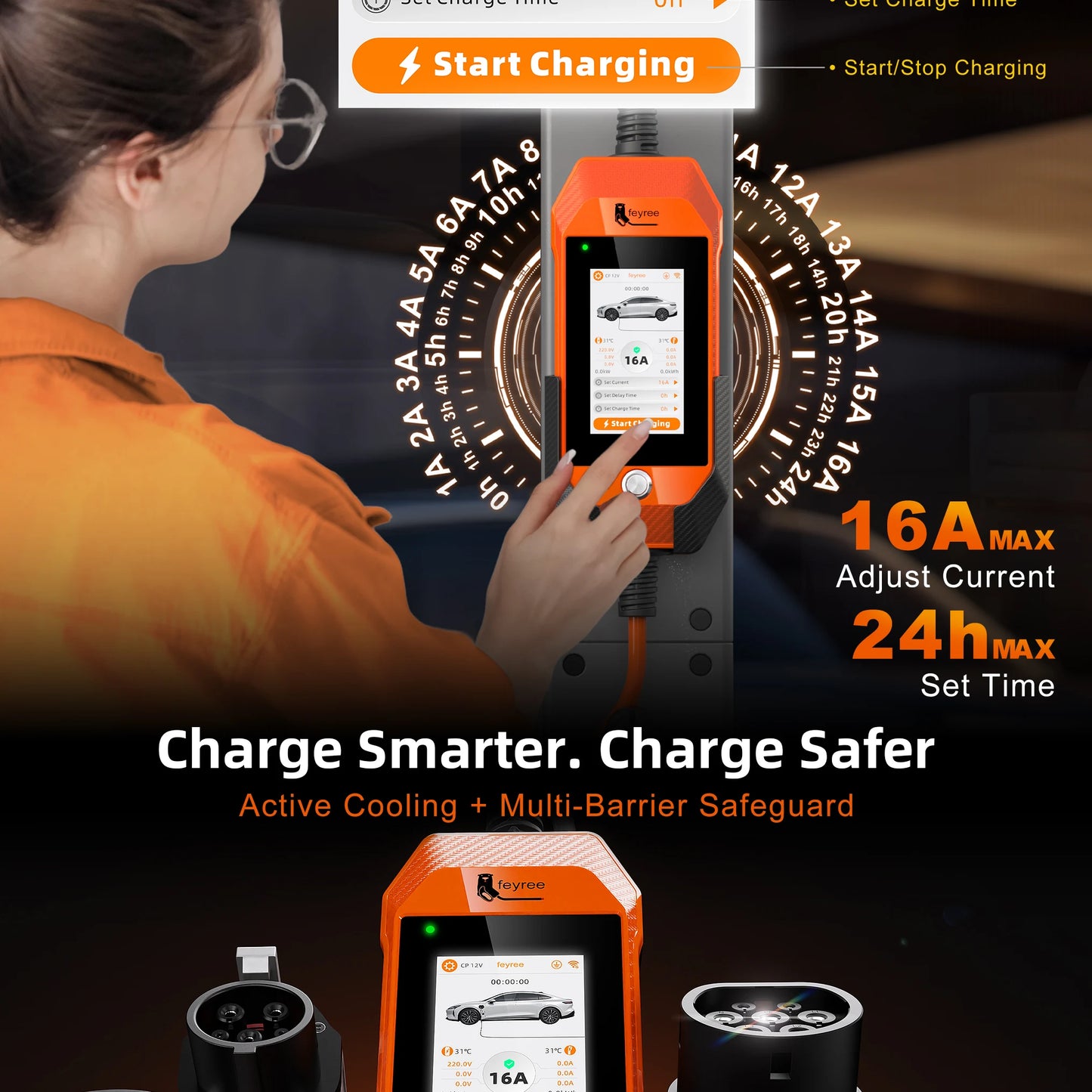 feyree 4.3inch Touch Screen Portable EV Charger Type2 / Type1 / GBT / TS-NACS EV Charger 16A 3.5kW 1Phase Smart APP WiFi Control