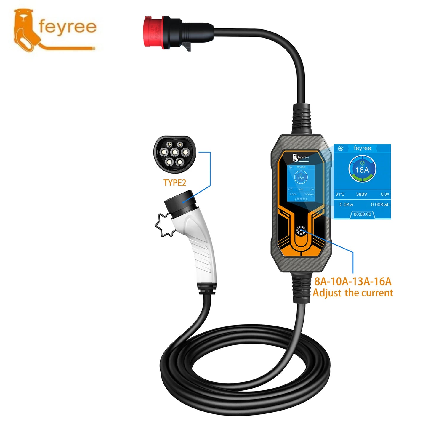 feyree 11KW 16A 3P Type2 EV Portable Charger EVSE Charging Box Electric Car Charger CEE Plug IEC62196-2 Electric Vehicle Charger