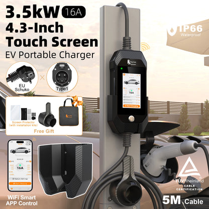 feyree Type1 3.5kW 16A Portable EV Charger 4.3 inch Touch Screen Smart WIFI APP Remote Control Design AC EV Charging Station