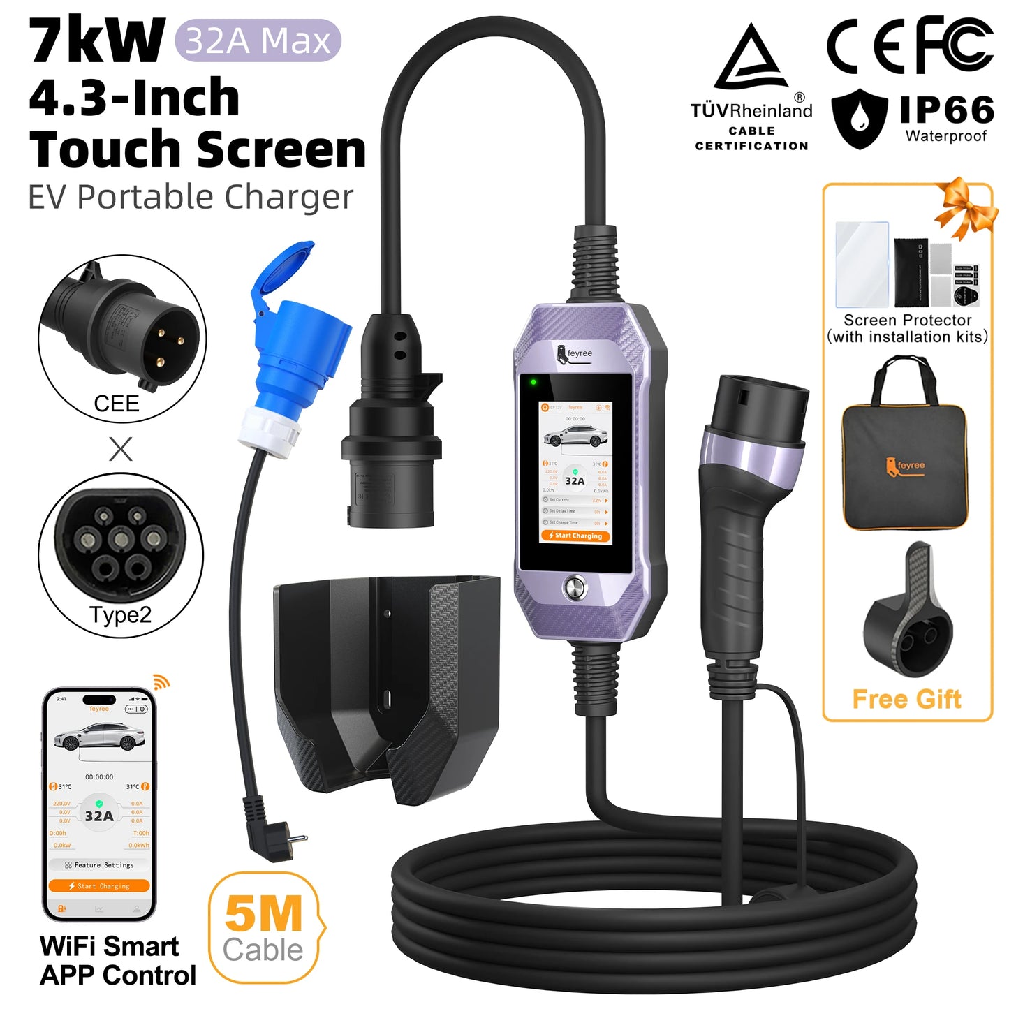 feyree Type2 /Type1 /GBT /TS-NACS 4.3inch Touch Screen EV Charger 32A 7kW 1P Portable Charger Smart APP WiFi Control for EV Cars