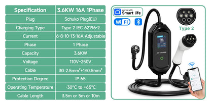 AFYEEV 3600W Portable Type2 IEC62196-2 EV Charger Type1 SAE J1772 Electric Car Charger GBT EVSE Charging Cable Wallbox EU Plug