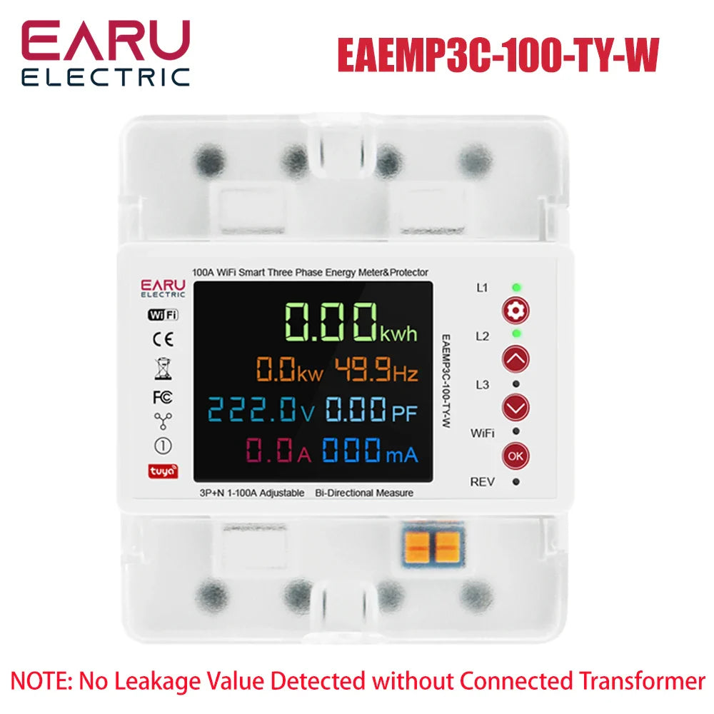 Three Phase Tuya WiFi Smart Bidirectional Energy Power kWh Meter Leakage Over Under Voltage Protector Relay Switch Current Limit