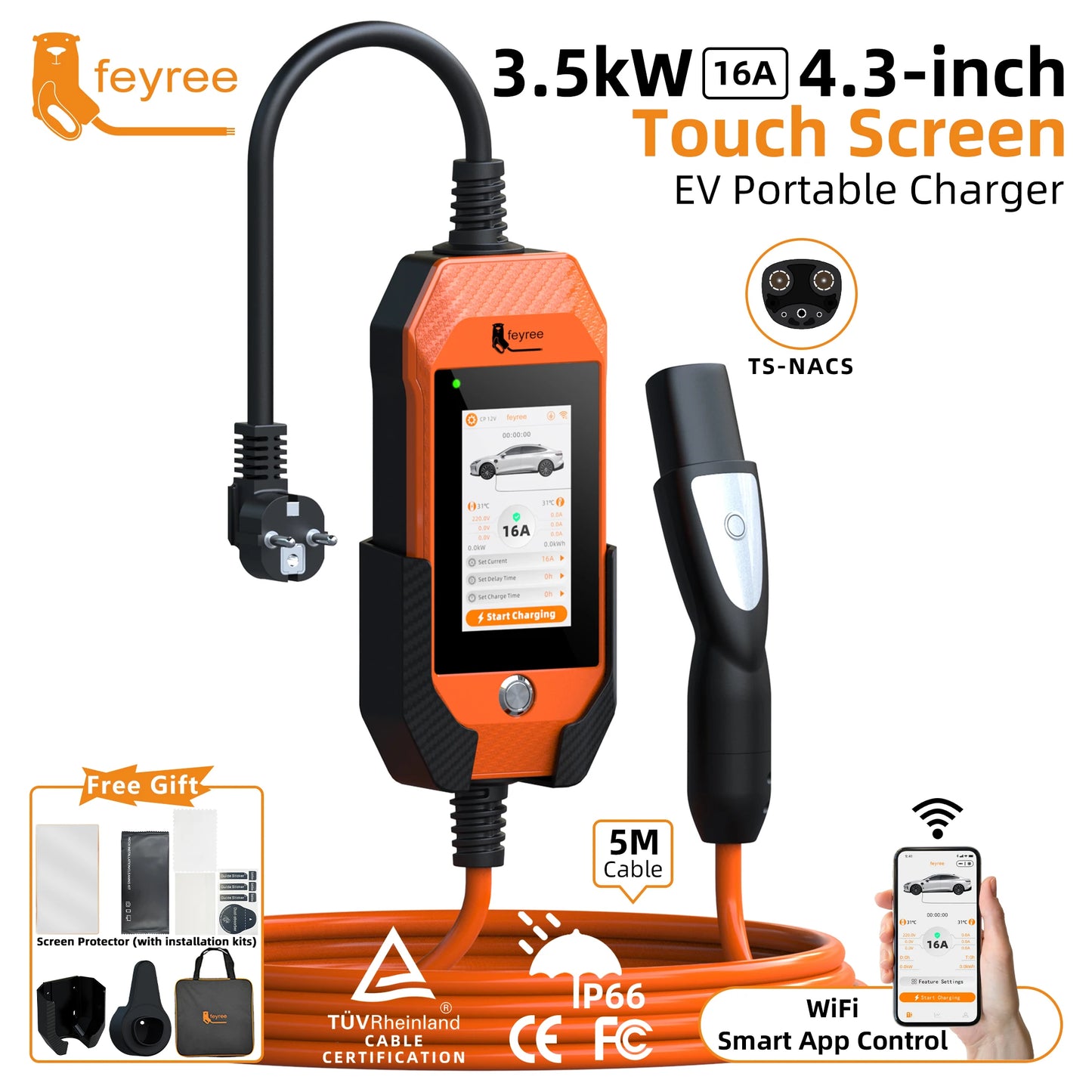 feyree Portable EV Charger For Tesla 3.5kW 16A 1Phase 4.3in Touchscreen With WiFi APP Control with Box Holder For EV Car Charger