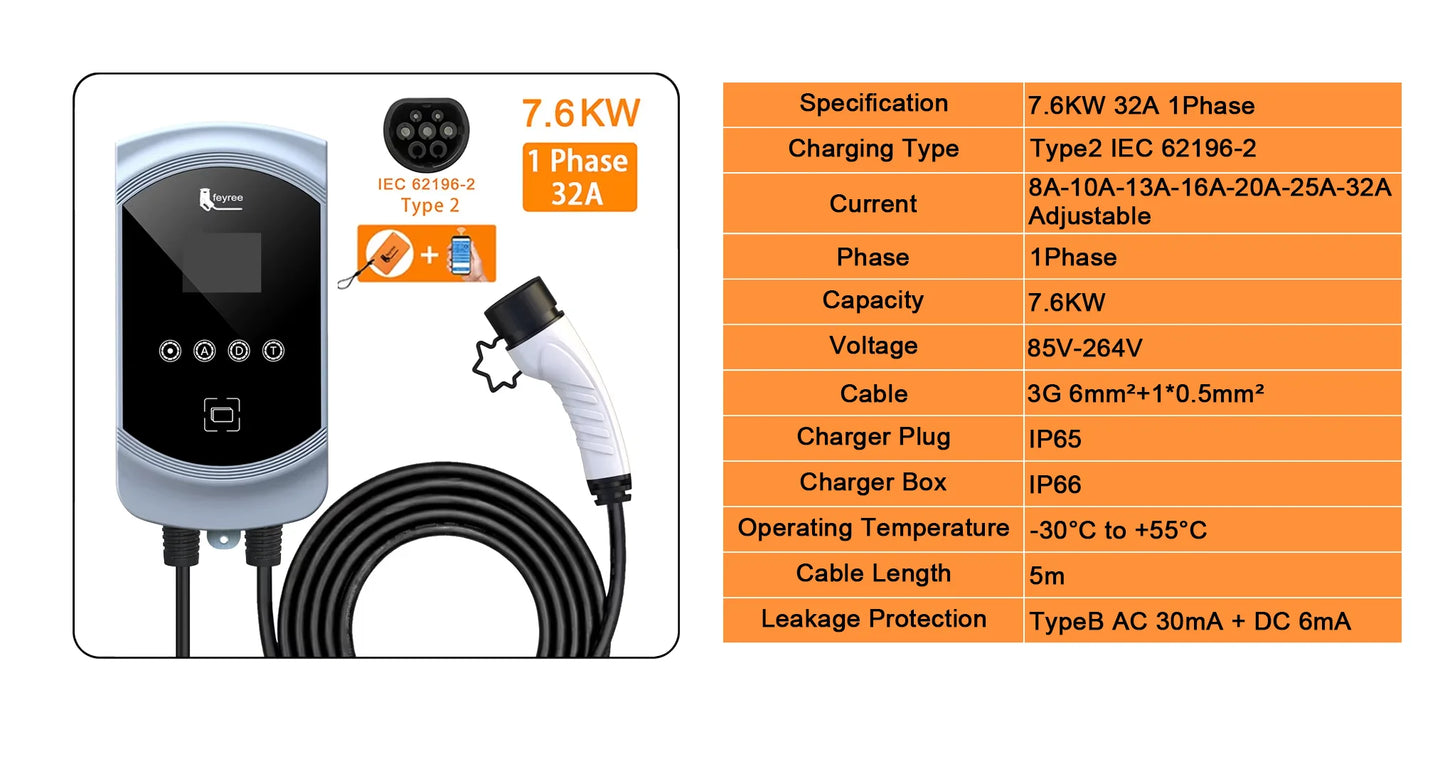 feyree EV Charger 32A 7.6KW Electric Vehicle Car Charger EVSE Wallbox 11KW 22KW 3Phase Type2 Cable IEC62196-2 Socket APP Control