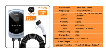 feyree EV Charger 32A 7.6KW Electric Vehicle Car Charger EVSE Wallbox 11KW 22KW 3Phase Type2 Cable IEC62196-2 Socket APP Control