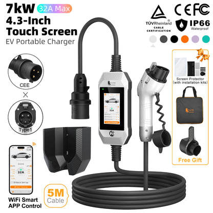feyree 4.3'' TouchScreen Type1 Charging Plug Portable 7kW EV Charger Dual Temp Portection with Smart APP OTA Upgrade AC Charger
