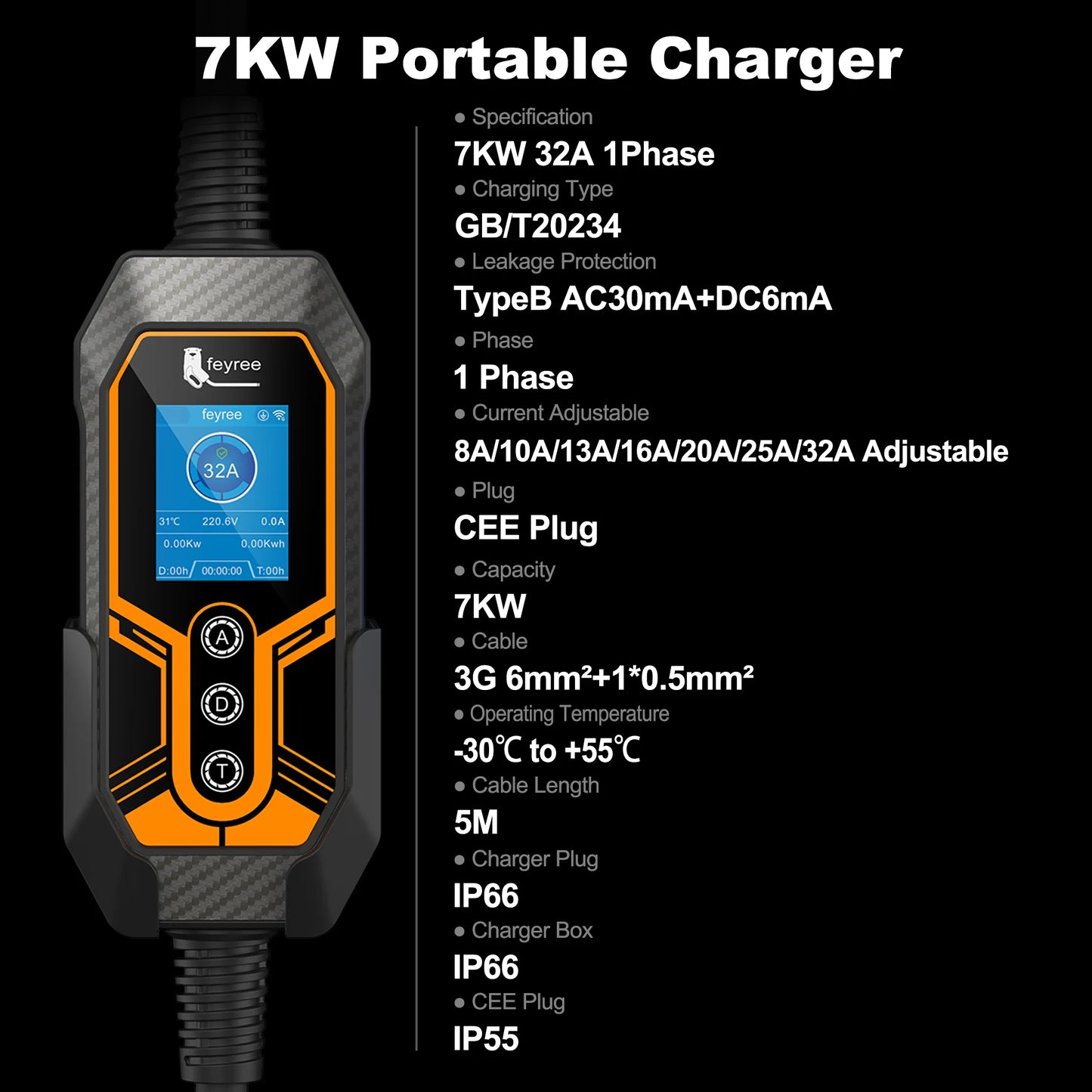 feyree GB/T EV Charger Portable Upgraded Version with Wall Mount 7KW 32A 1 Phase EVSE Charging Box GB/T Plug Wifi APP version