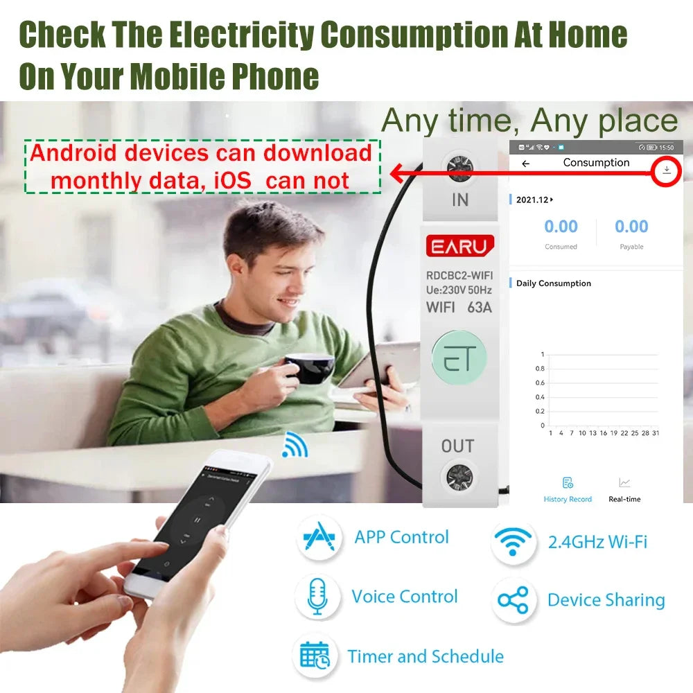 1P Din Rail WIFI Smart Energy Meter Power Consumption kWh Meter Circuit Breaker Time Timer Switch Relay Voltmeter for Smart Home by 54Grid - Renewable Energy Store
