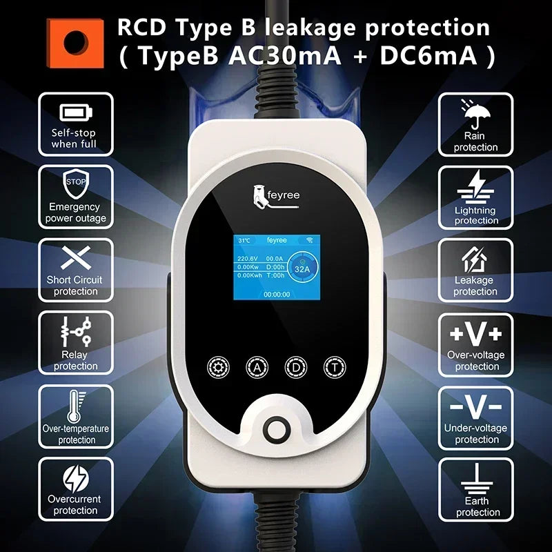 feyree Type2 EV Charger EVSE Wallbox 22KW 11KW 3P Smart APP Wi-Fi Control  7KW 32A 1P Setting Current & Charging Time for EV Car