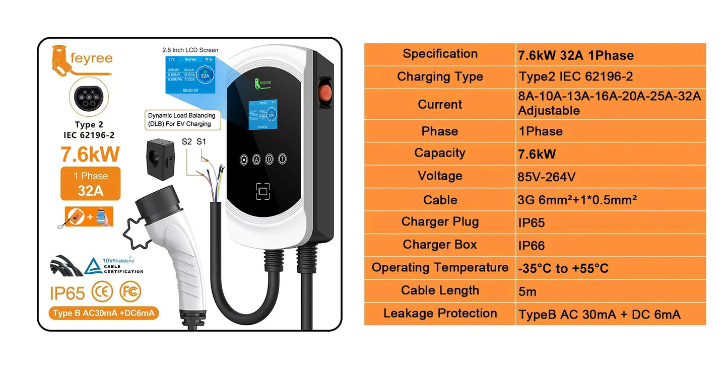 feyree EV Charger Type2 Cable 32A 7.6kW Dynamic Load Balancing EVSE Wallbox APP Function 11kW 22kW Charging Station Electric Car
