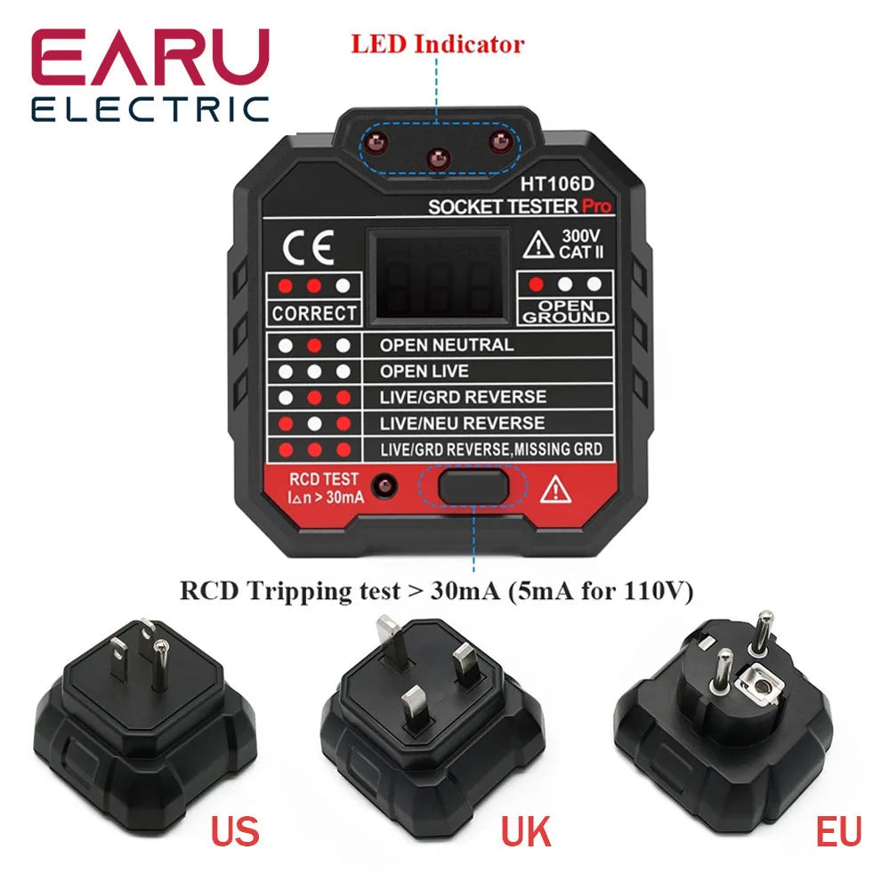 EU UK US HT106B HT106D HT106E Socket Tester Voltage Test Socket Detector EU UK Plug Ground Zero Line Plug Polarity Phase Check by 54Grid - Renewable Energy Store