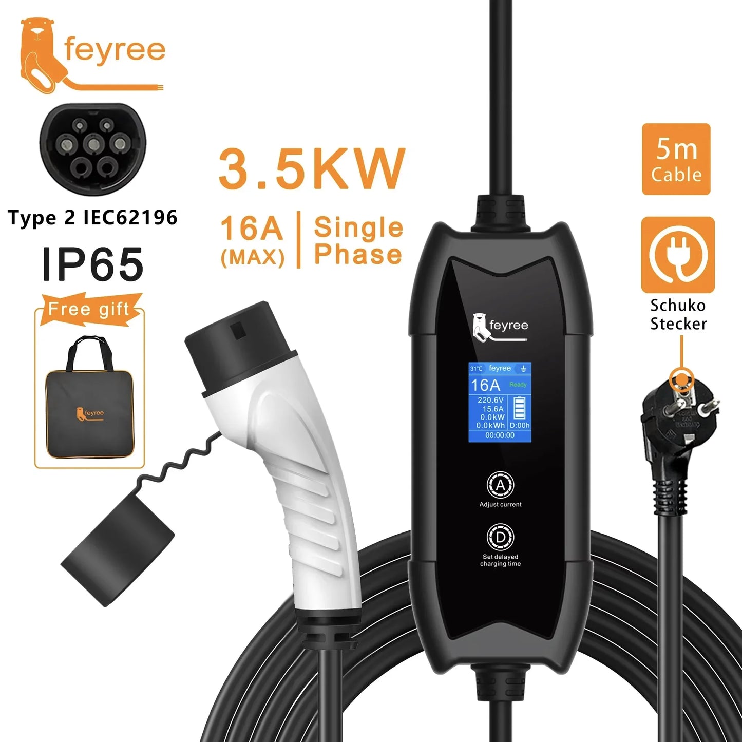feyree Type2 3.5KW 16A Adjust Current EV Charger Portable Charging Box Set Current&Delay Time with Schuko Plug for Electric Ca