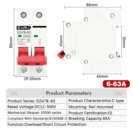 2P DC MCB 12V 24V 48V 500V Circuit Breaker Battery Car Protector DZ47 Positive Negative Pole Rotection  Protect Switch Isolator