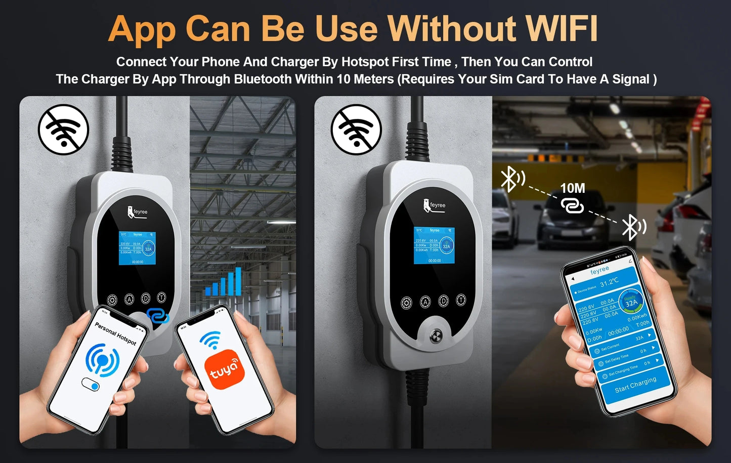 feyree 22KW Type2 Cable EVSE Wallbox & Portable EV Charger 32A 3Phase Wi-Fi APP Smart Fast Charging Station for Electric Vehicle