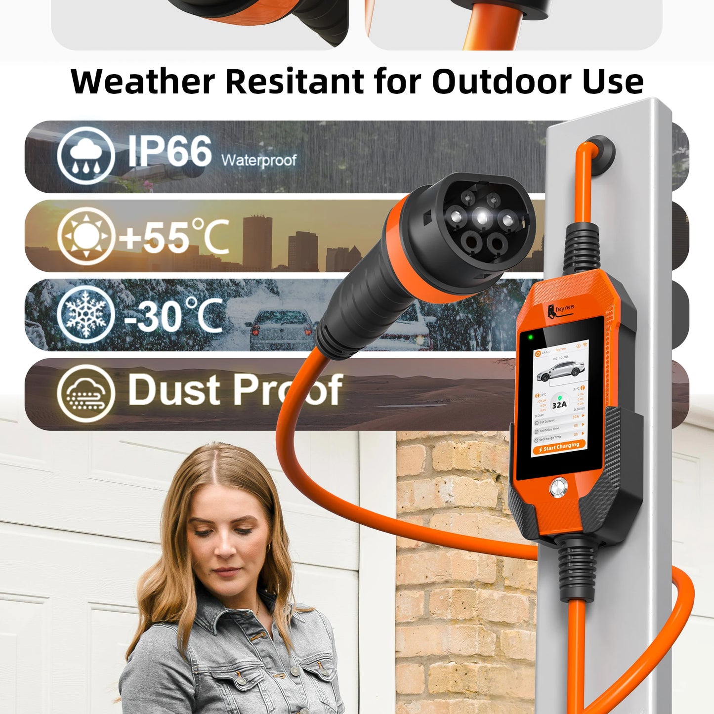 feyree 4.3 inch Touch Screen Type2 7kW 32A Adjustable Portable EV Charger with Adapter Smart APP Wi-Fi Control for Electric Cars