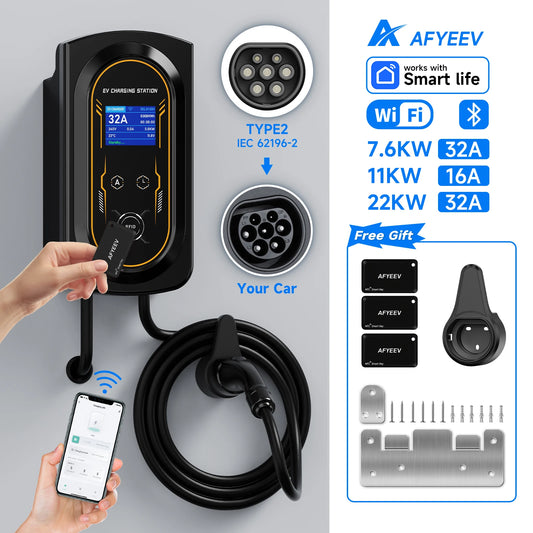 AFYEEV EV Charger 32A 7.6KW Electric Vehicle Car Charger EVSE Wallbox 11KW 22KW 3Phase Type2 Cable IEC62196-2 Socket APP Control