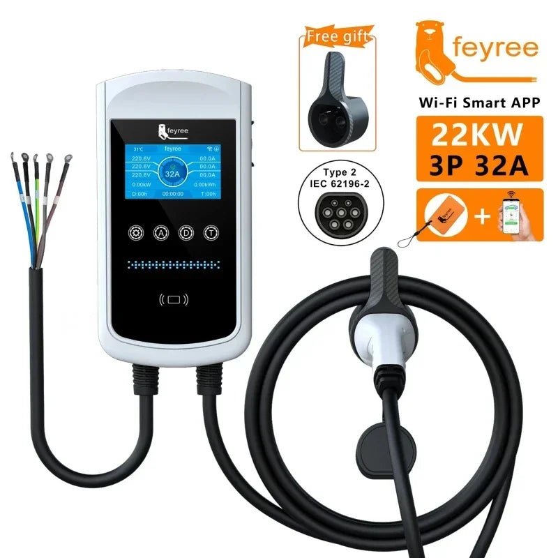 feyree Type2 EV Charger 32A 7.6KW Charging Station Car Charger 11KW 22KW 3Phase EVSE Wallbox 4.3inch Screen Smart APP Control